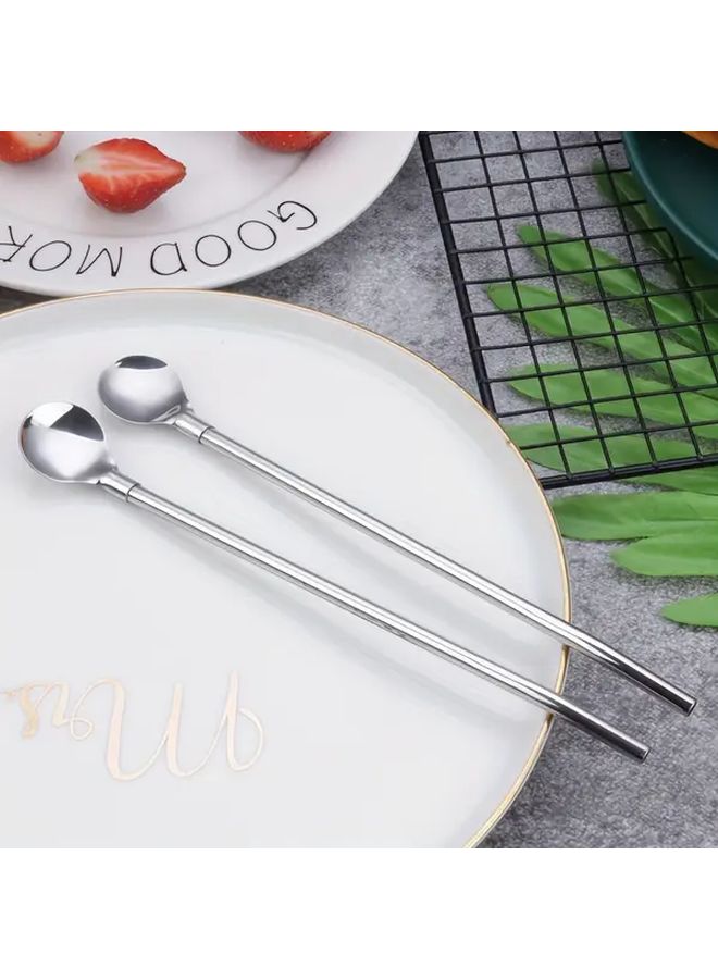 7 Piece Silvery Stainless Steel Iced Tea Spoon And Straw Set With Cleaning Brush - Image 2